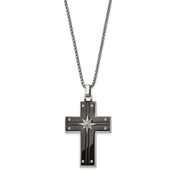 Chisel Stainless Steel Polished Black IP-plated Cross with Starburst Pendant on a 24 inch Box Chain Necklace