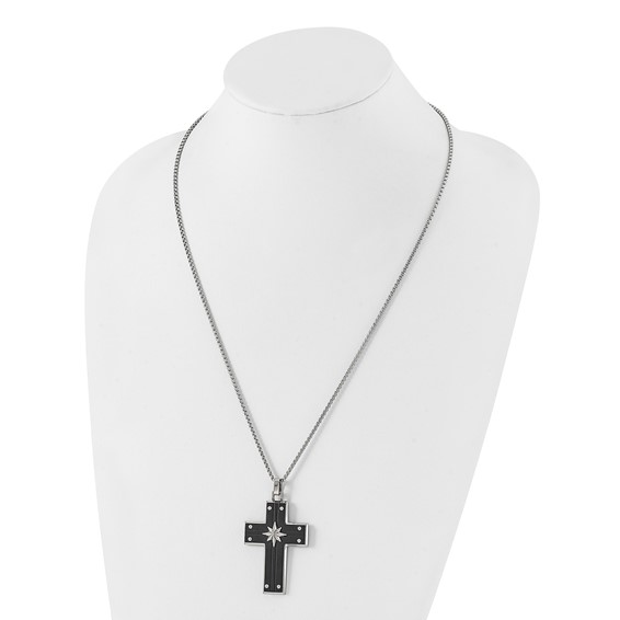 Chisel Stainless Steel Polished Black IP-plated Cross with Starburst Pendant on a 24 inch Box Chain Necklace