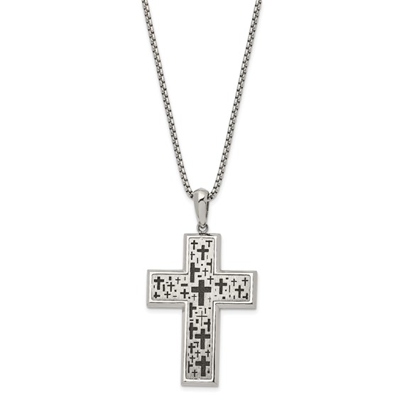 Chisel Stainless Steel Brushed Polished and Laser cut Black IP-plated Cross Pendant on a 24 inch Box Chain Necklace