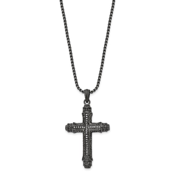 Chisel Stainless Steel Brushed and Polished Gun Metal IP-plated with CZ Cross Pendant on a 24 inch Box Chain Necklace
