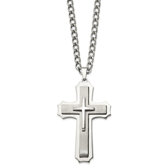Chisel Stainless Steel Brushed and Polished Large Cross Pendant on a 24 inch Curb Chain Necklace