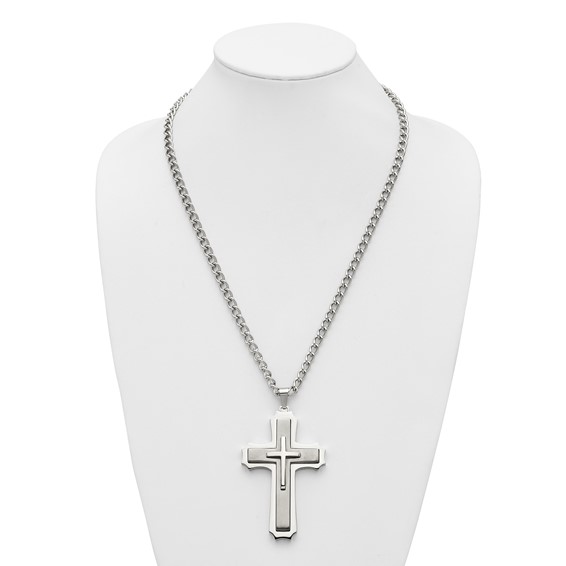 Chisel Stainless Steel Brushed and Polished Large Cross Pendant on a 24 inch Curb Chain Necklace