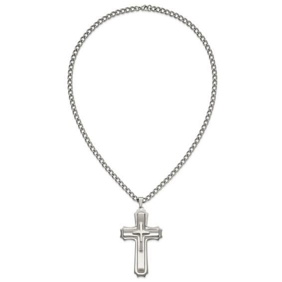 Chisel Stainless Steel Brushed and Polished Large Cross Pendant on a 24 inch Curb Chain Necklace