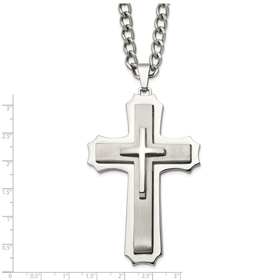 Chisel Stainless Steel Brushed and Polished Large Cross Pendant on a 24 inch Curb Chain Necklace