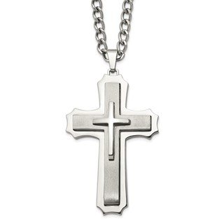 Chisel Stainless Steel Brushed and Polished Large Cross Pendant on a 24 inch Curb Chain Necklace