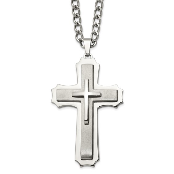 Chisel Stainless Steel Brushed and Polished Large Cross Pendant on a 24 inch Curb Chain Necklace