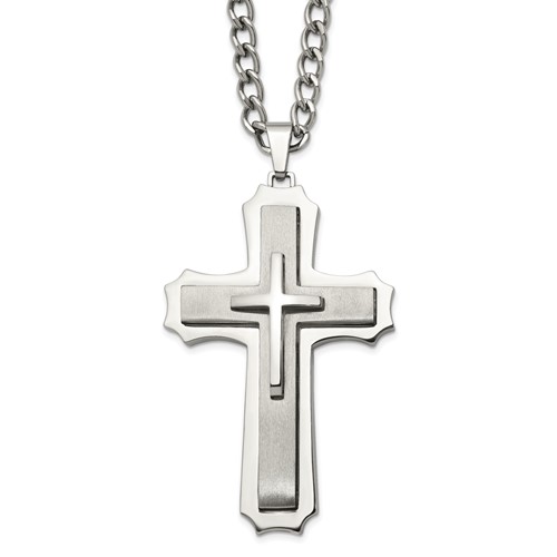 Chisel Stainless Steel Brushed and Polished Large Cross Pendant on a Curb Chain Necklace, 24"