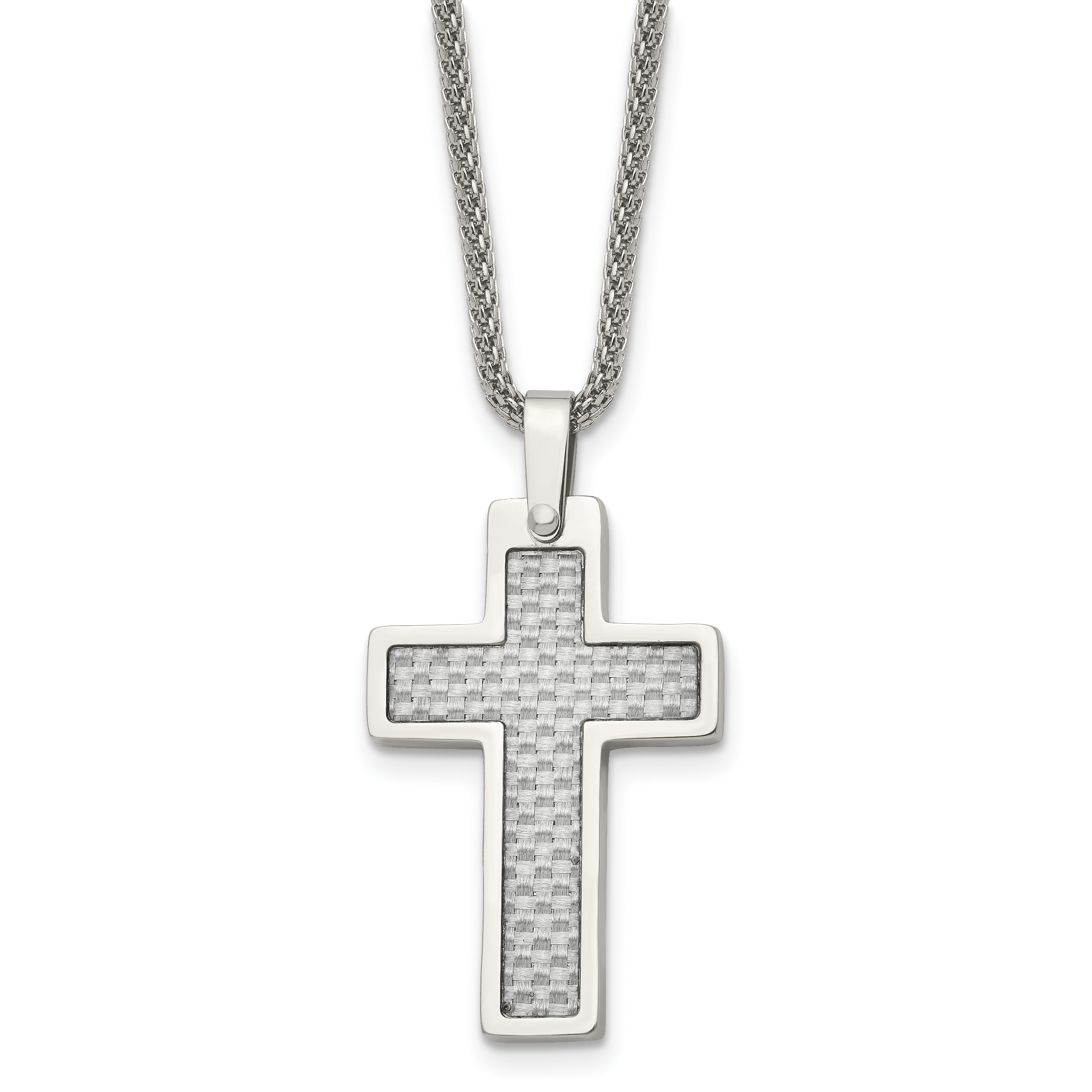 Stainless Steel Polished w/Grey Carbon Fiber Inlay Cross 20in Necklace ...