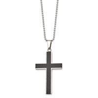 Chisel Stainless Steel Polished Necklace with Black Carbon Fiber Inlay Cross Pendant on a Ball Chain, 22" view 3