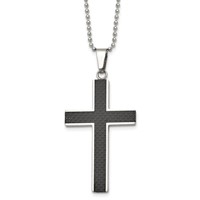Chisel Stainless Steel Polished Necklace with Black Carbon Fiber Inlay Cross Pendant on a Ball Chain, 22" view 1