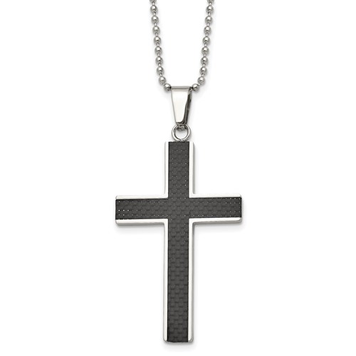 Chisel Stainless Steel Polished Necklace with Black Carbon Fiber Inlay Cross Pendant on a Ball Chain, 22"