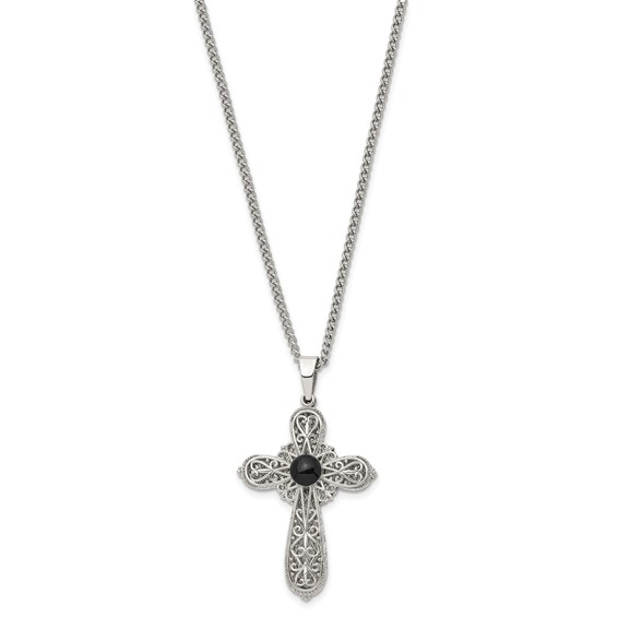 Chisel Stainless Steel Brushed and Polished Black Epoxy Pentecost Prayer Cross Pendant on a 24 inch Curb Chain Necklace