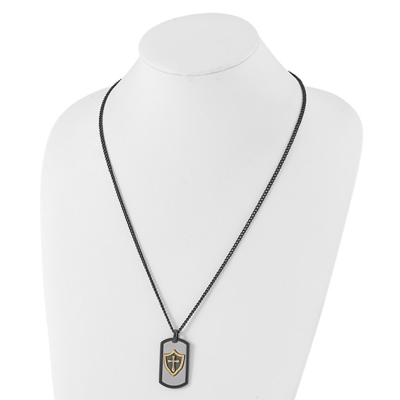 Chisel Stainless Steel Polished Black and Yellow IP-plated with CZ HERO Dog Tag on a 24 inch Curb Chain Necklace