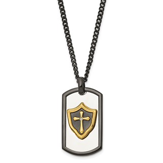 Chisel Stainless Steel Polished Black and Yellow IP-plated with CZ HERO Dog Tag on a 24 inch Curb Chain Necklace