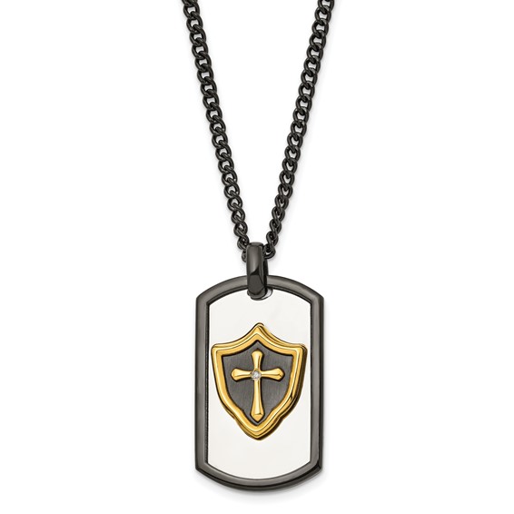 Chisel Stainless Steel Polished Black and Yellow IP-plated with CZ HERO Dog Tag on a 24 inch Curb Chain Necklace