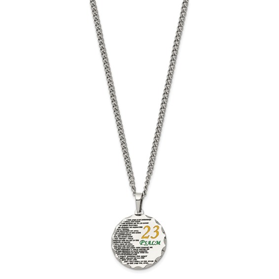 Chisel Stainless Steel Polished Acid Etched Psalm 23 Pendant on a 24 inch Curb Chain Necklace