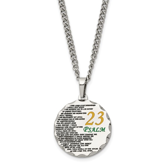 Chisel Stainless Steel Polished Acid Etched Psalm 23 Pendant on a 24 inch Curb Chain Necklace