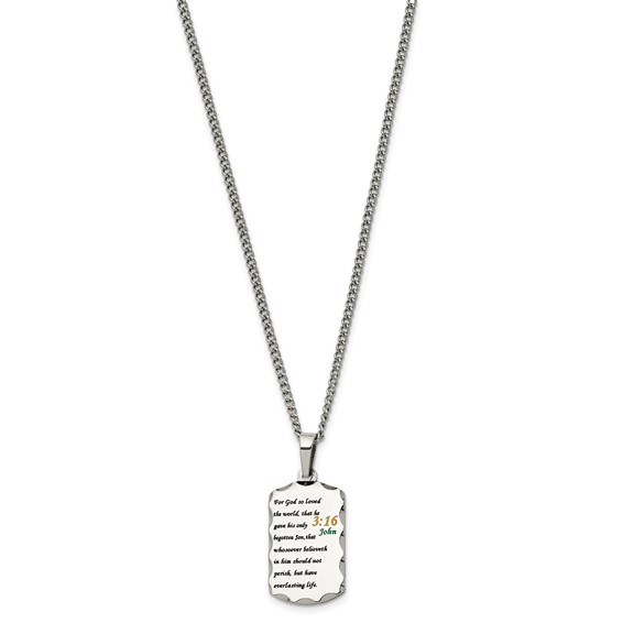 Chisel Stainless Steel Polished Acid Etched John 3:16 Dog Tag on a 24 inch Curb Chain Necklace