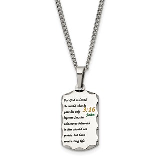 Chisel Stainless Steel Polished Acid Etched John 3:16 Dog Tag on a 24 inch Curb Chain Necklace