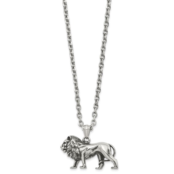 Chisel Stainless Steel Antiqued and Polished Lion Pendant on a 25.5 inch Box Chain Necklace