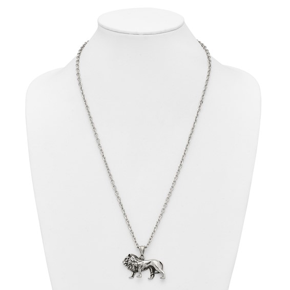 Chisel Stainless Steel Antiqued and Polished Lion Pendant on a 25.5 inch Box Chain Necklace