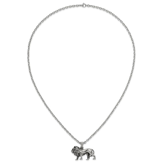 Chisel Stainless Steel Antiqued and Polished Lion Pendant on a 25.5 inch Box Chain Necklace