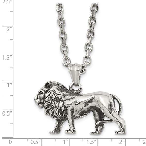 Chisel Stainless Steel Antiqued and Polished Lion Pendant on a 25.5 inch Box Chain Necklace