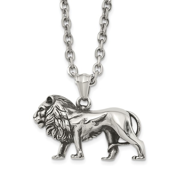 Chisel Stainless Steel Antiqued and Polished Lion Pendant on a 25.5 inch Box Chain Necklace