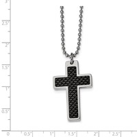 Chisel Stainless Steel Polished Necklace with Black Carbon Fiber Inlay Cross Pendant on a Ball Chain, 20" view 4