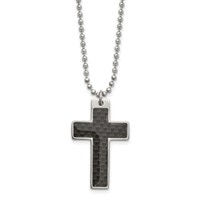 Chisel Stainless Steel Polished Necklace with Black Carbon Fiber Inlay Cross Pendant on a Ball Chain, 20" view 1