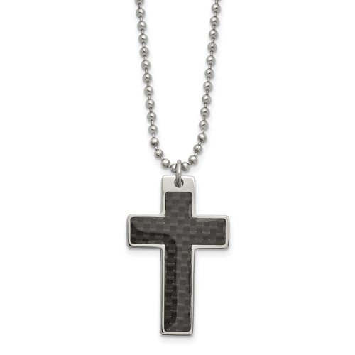 Chisel Stainless Steel Polished Necklace with Black Carbon Fiber Inlay Cross Pendant on a Ball Chain, 20"