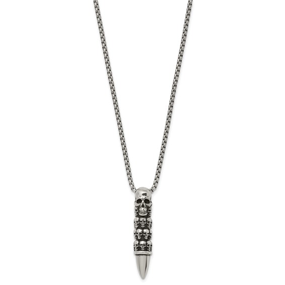 Chisel Stainless Steel Antiqued and Polished Bullet with Skulls Pendant on a 25.5 inch Box Chain Necklace