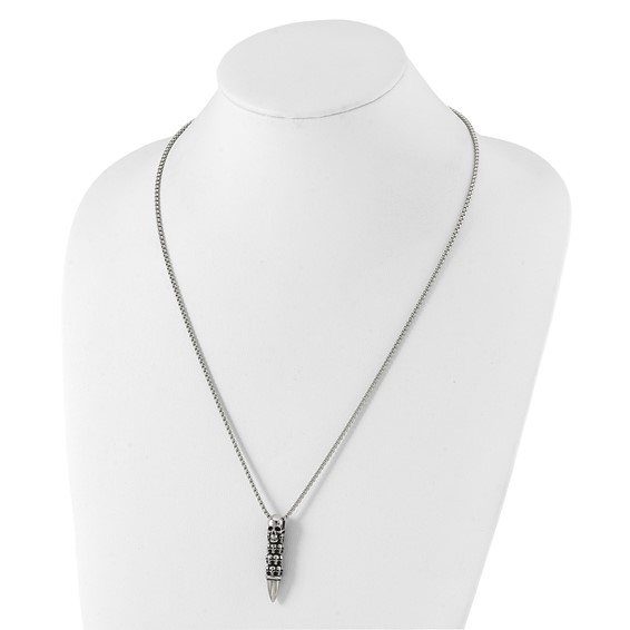 Chisel Stainless Steel Antiqued and Polished Bullet with Skulls Pendant on a 25.5 inch Box Chain Necklace
