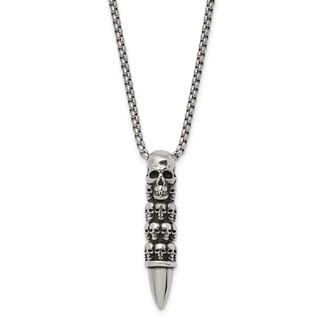 Chisel Stainless Steel Antiqued and Polished Bullet with Skulls Pendant on a 25.5 inch Box Chain Necklace
