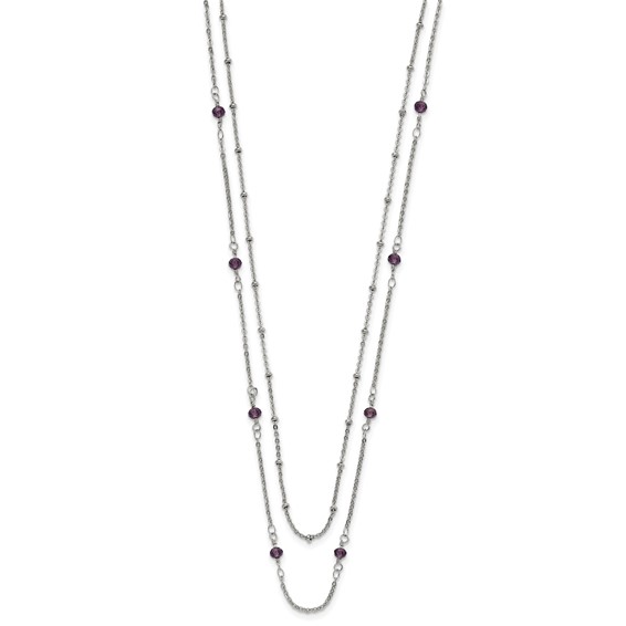 Chisel Stainless Steel Polished 2-Strand Purple Crystal Beaded 16 inch with 1 inch Extension Necklace