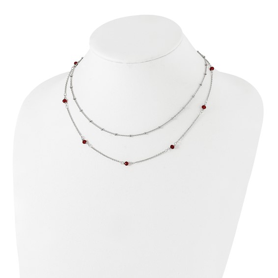 Chisel Stainless Steel Polished 2-Strand Red Crystal Beaded 16 inch with 1 inch Extension Necklace