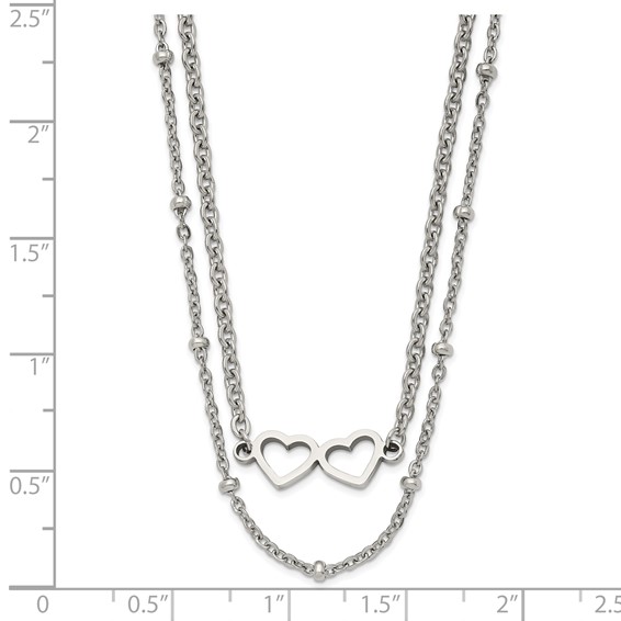 Chisel Stainless Steel Polished Double Hearts on an 18 inch 2-Strand Cable Chain Necklace