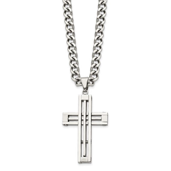 Chisel Stainless Steel Polished Cross Pendant on a 22 inch Curb Chain Necklace