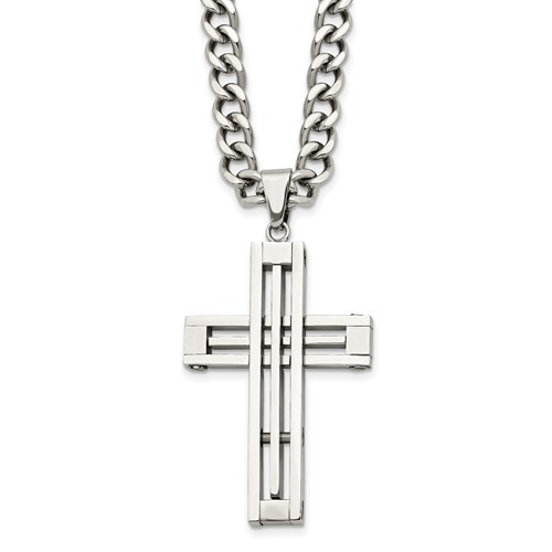 Chisel Stainless Steel Polished Cross Pendant on a Curb Chain Necklace, 22"