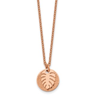 Chisel Stainless Steel Polished and Textured Rose IP-plated Circle with Leaf Pendant on a 27.5 inch Cable Chain Necklace