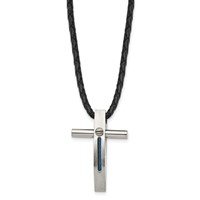 Chisel Stainless Steel Brushed and Polished Blue IP-plated Cable Cross Pendant on an Leather Cord Necklace, 18" view 3