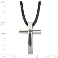 Chisel Stainless Steel Brushed and Polished Blue IP-plated Cable Cross Pendant on an Leather Cord Necklace, 18" view 5