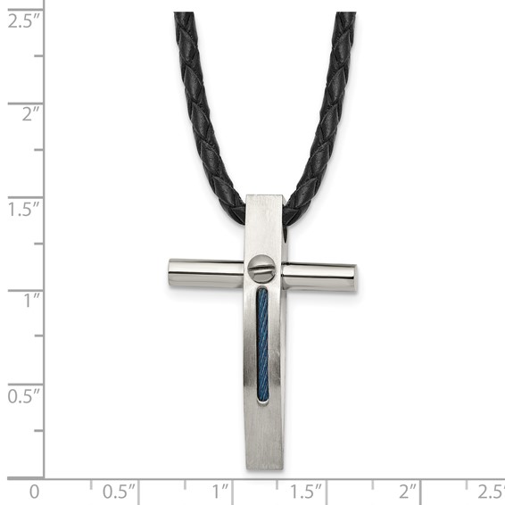 Chisel Stainless Steel Brushed and Polished Blue IP-plated Cable Cross Pendant on an 18 inch Leather Cord Necklace