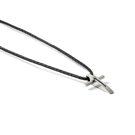 Chisel Stainless Steel Brushed and Polished Blue IP-plated Cable Cross Pendant on an 18 inch Leather Cord Necklace