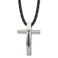 Chisel Stainless Steel Brushed and Polished Blue IP-plated Cable Cross Pendant on an Leather Cord Necklace, 18" view 1