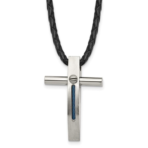 Chisel Stainless Steel Brushed and Polished Blue IP-plated Cable Cross Pendant on an Leather Cord Necklace, 18"