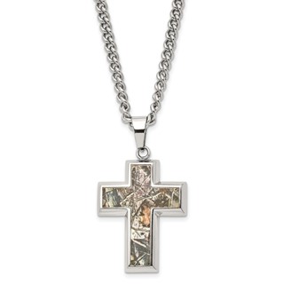 Chisel Stainless Steel Polished Printed Hunting Camo Under Rubber Cross Pendant on a 24 inch Curb Chain Necklace