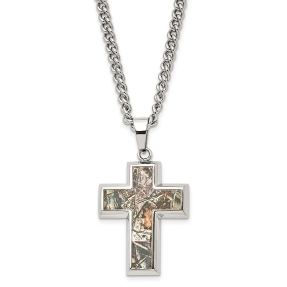 Chisel Stainless Steel Polished Printed Hunting Camo Under Rubber Cross Pendant on a 24 inch Curb Chain Necklace