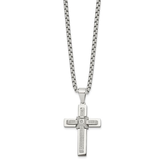 Chisel Stainless Steel Polished with CZ Cross Pendant on a 22 inch Box Chain Necklace