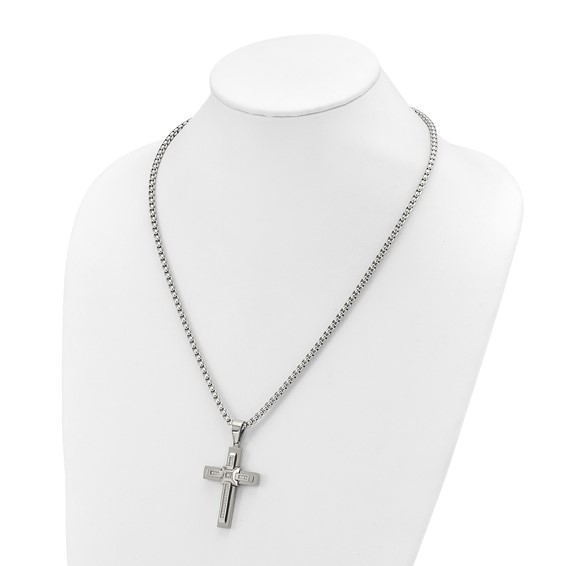 Chisel Stainless Steel Polished with CZ Cross Pendant on a 22 inch Box Chain Necklace